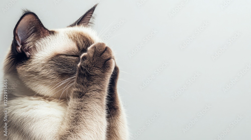 Poster fluffy siamese cat grooming its paw offering minimalistic background for text or branding opportunit