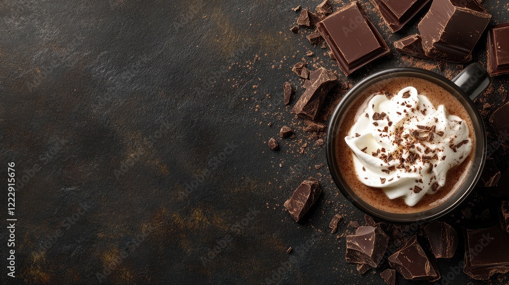Poster close up of a steaming cup of hot chocolate with whipped cream and chocolate shavings surrounded by 