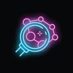 Vibrant neon illustration featuring a magnifying glass examining interconnected nodes within a network