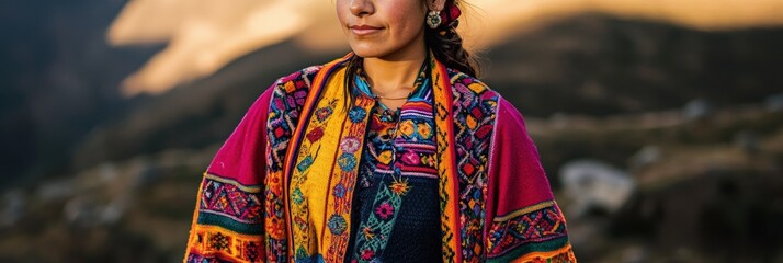 Close-up portrait of a Peruvian woman in vibrant traditional Andean clothing, with dramatic lighting highlighting intricate textiles and accessories, against a blurred Sacred Valley backdrop