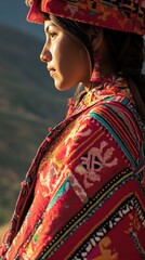 Obraz premium Close-up portrait of a Peruvian woman in vibrant traditional Andean clothing, with dramatic lighting highlighting intricate textiles and accessories, against a blurred Sacred Valley backdrop