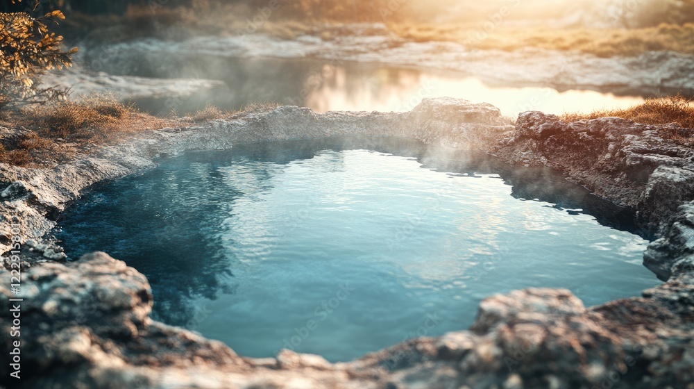 Poster boiling natural hot spring close-up with misty atmosphere and serene river backdrop ideal for wellne
