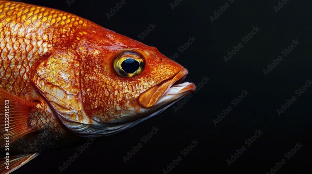 Poster Detailed close-up of a vibrant fish fillet against a dark background with ample empty space for creative text or marketing content