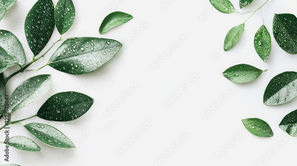 Poster close up of fresh green leaves with water droplets on a light background creating a minimalistic and