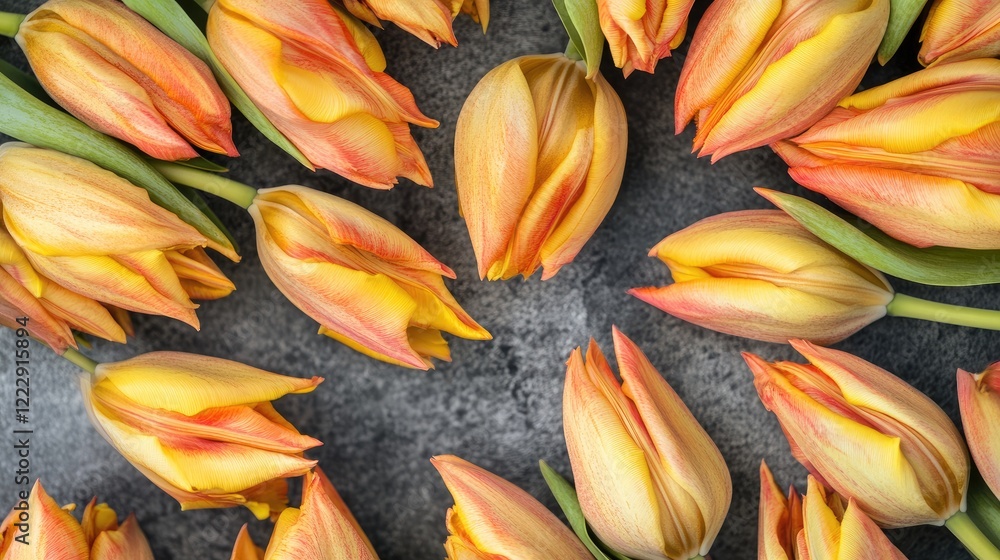Poster Top view of uncooked yellow tulips arranged in a circular pattern with ample empty space for text or branding in a creative layout.