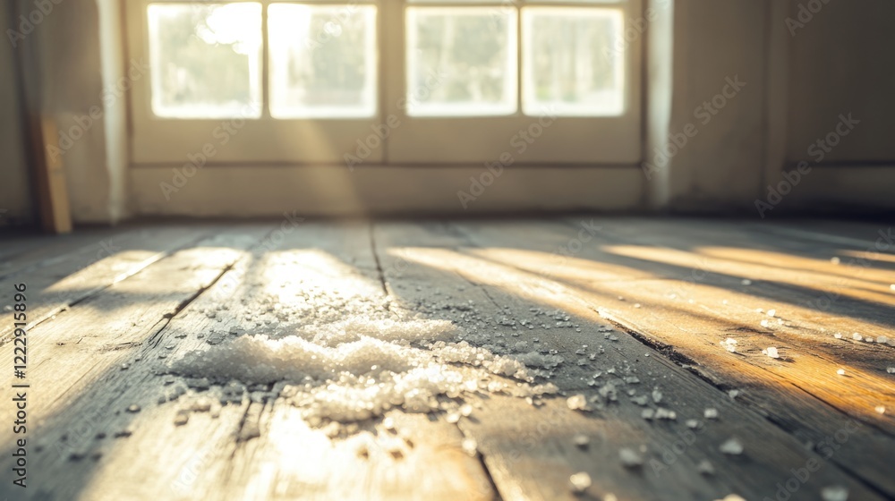 Poster Spilled salt on a wooden floor illuminated by natural light with soft shadows and ample copy space for text placement.