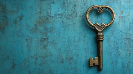 Vintage house key on textured blue backdrop ideal for real estate themes with space for personalized text or branding elements.