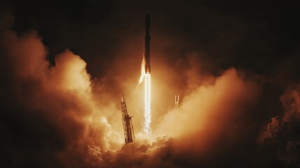Obraz premium Rocket launch with dramatic flames and smoke against a dark sky perfect for illustrating space exploration and technology advancement.