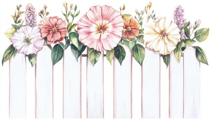 A vibrant watercolor illustration of flowers atop a white picket fence, set against a serene background