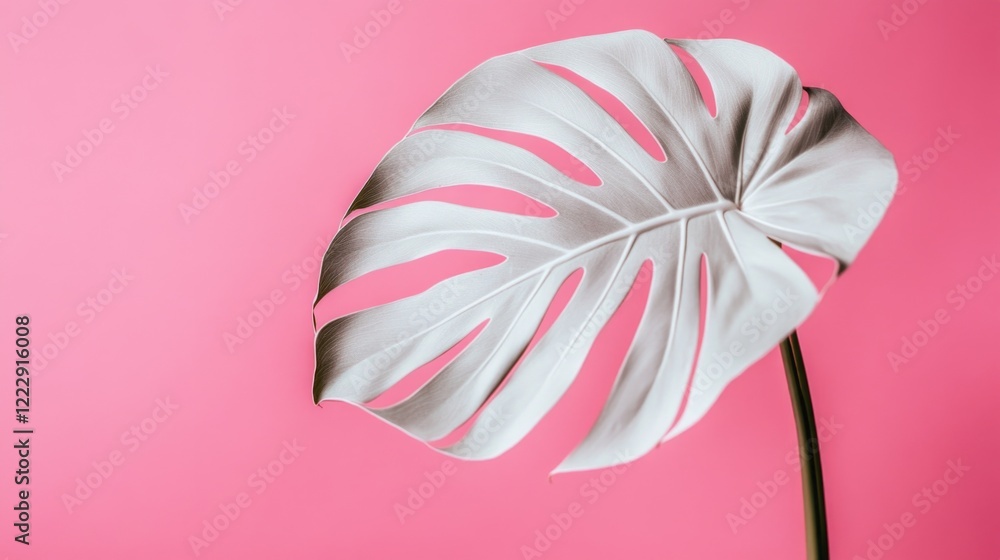 Poster tropical leaf close up in soft lighting against a vibrant pink background with ample copy space for 