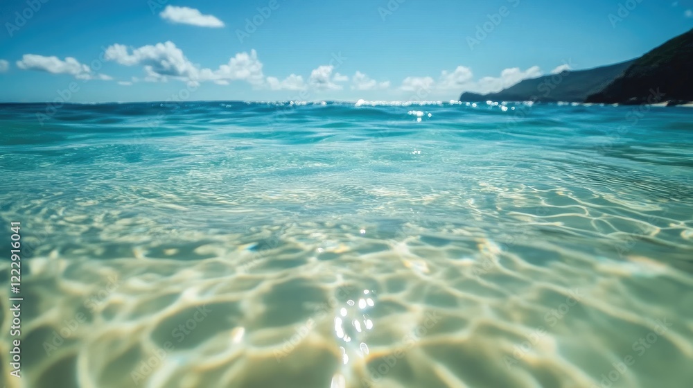 Poster a serene close-up of clear ocean water reflecting sunlight with ample space for overlay text or bran