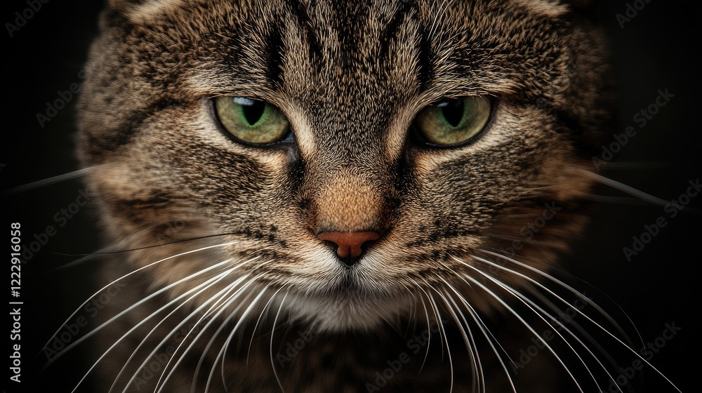 Poster close up portrait of a gray tabby cat with striking green eyes and prominent curly whiskers against 