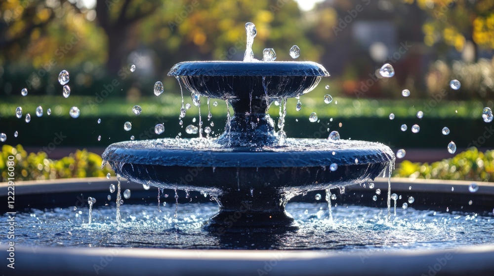 Poster elegant water fountain with vibrant blue water and bubbles creating a serene atmosphere suitable for