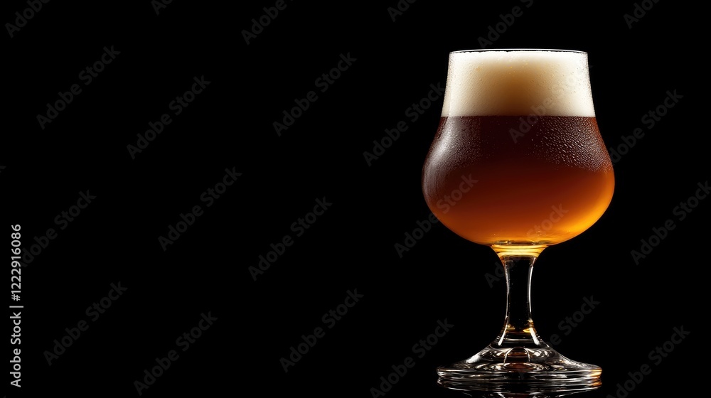 Poster Close up of a frothy amber beer glass against a black background with ample space for adding custom text or branding elements