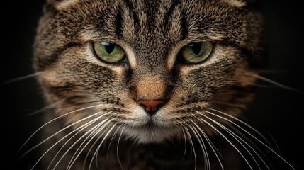 Obraz premium Close up portrait of a gray tabby cat with striking green eyes and prominent curly whiskers against a dark background with space for text.