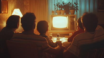 Gathering around the vintage television, family enjoys an evening of shared entertainment and nostalgia