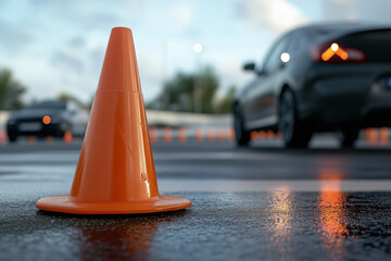 Cono arancione con auto sullo sfondo. Sicurezza stradale.