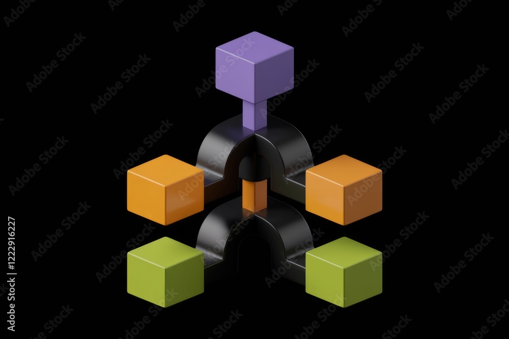 Poster abstract 3d rendering of interconnected colorful cubes, showcasing a network or system.