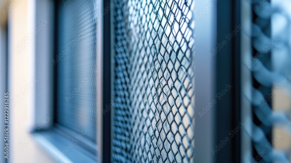 Poster close up of a modern home window featuring a decorative mesh design and safety grid with ample space