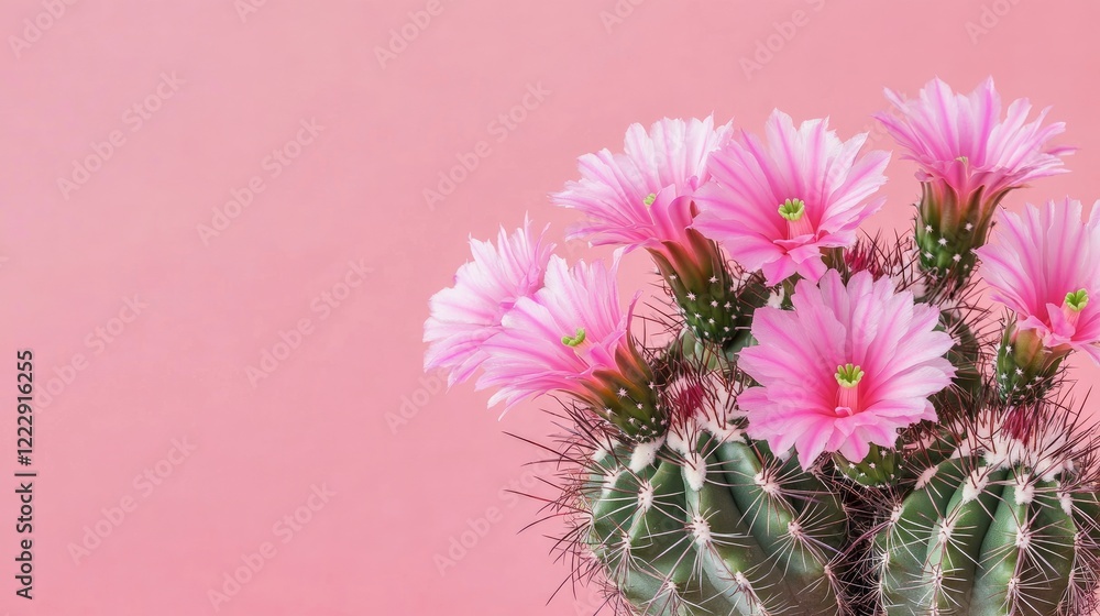 Poster cactus with delicate pink flowers against a soft pink background showcasing vibrant flora and ample 