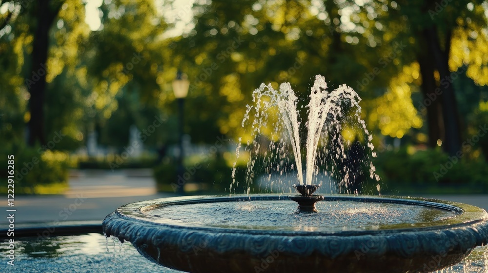 Aufkleber Close up view of a decorative fountain in a serene public park with lush greenery and empty space for adding text or promotional content