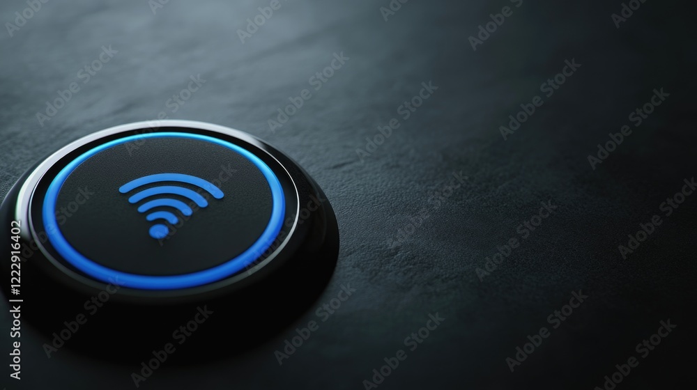 Poster Close up of a Wi Fi connection button on a smartphone with dark background and ample space for adding text and graphics