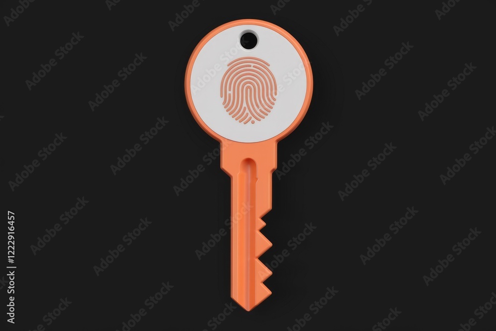 Poster an orange key with a fingerprint on its head symbolizes biometric security and access control.