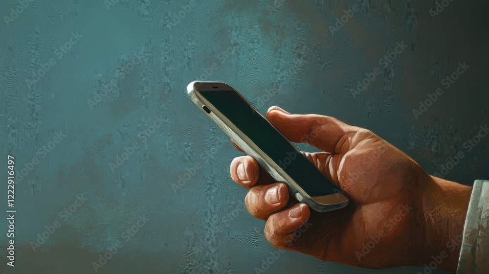Poster Close up of a hand holding a smartphone with blank screen suitable for adding text or graphics in a minimalist setting