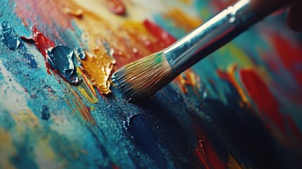Fototapeta premium Close up of a digital artist's brush applying vibrant paint in a colorful home studio with space for creative text or messaging