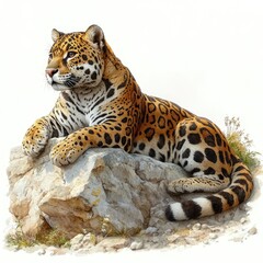 Fototapeta premium A majestic jaguar lounging on a rocky outcrop amidst a natural landscape, showcasing its beautiful fur