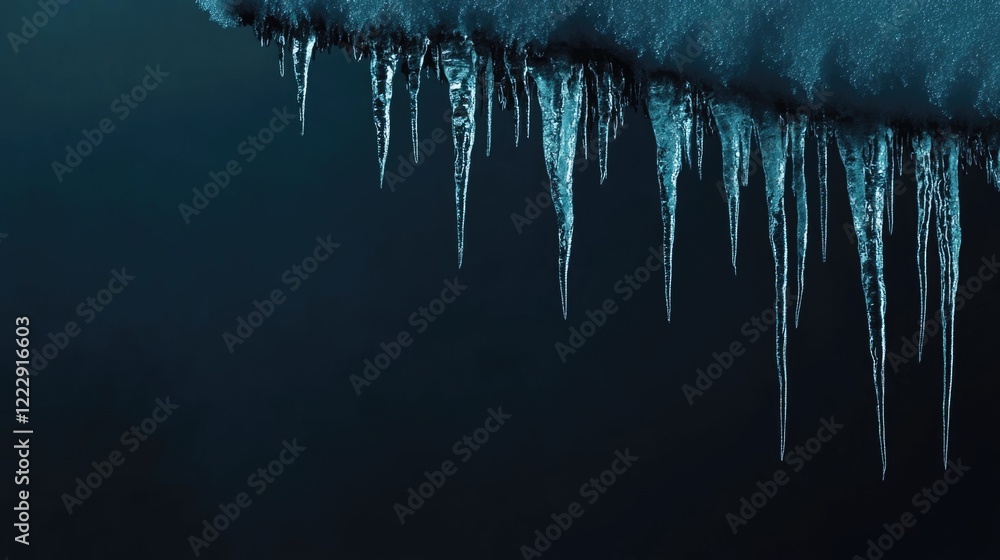 Poster close up of icicles hanging from a snowy roof with dark background providing ample space for text or