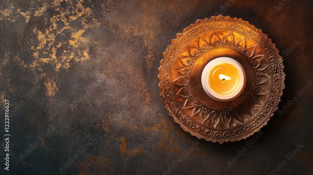 Poster Ornate Ramadan Oil Lamp and White Diya Overhead Close Up with Warm Glow and Empty Space for Text on Textured Background
