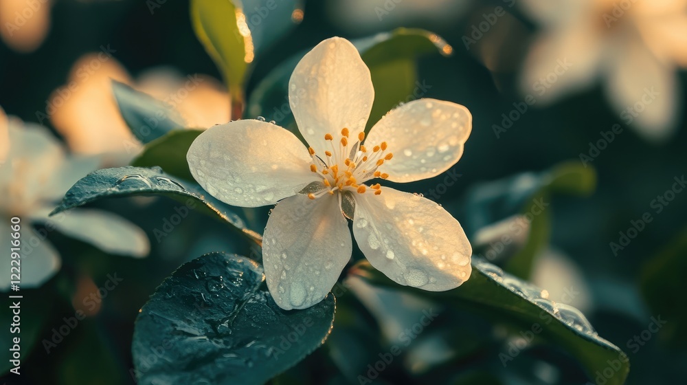 Poster close up of a delicate flower with water droplets highlighting freshness and nature featuring ample 