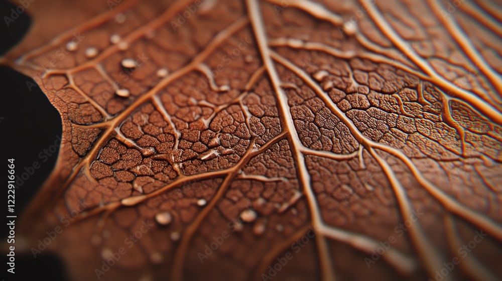 Poster close-up of a textured leaf with intricate patterns and moisture droplets.