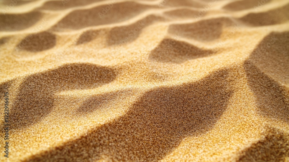 Poster Detailed close-up of golden sand dunes showcasing textured patterns in an expansive desert landscape ideal for background or design use.