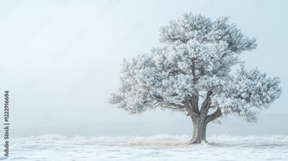 Poster Winter landscape featuring a majestic snow-dusted tree with soft light and ample negative space for text or design elements