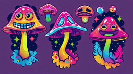 Psychedelic Cartoon Mushroom Emoji Stickers in Retrowave Style