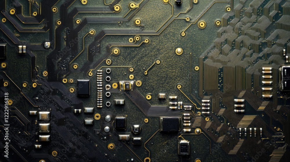 Poster close up of intricate hard drive circuit board with electronic components and space for repair text 