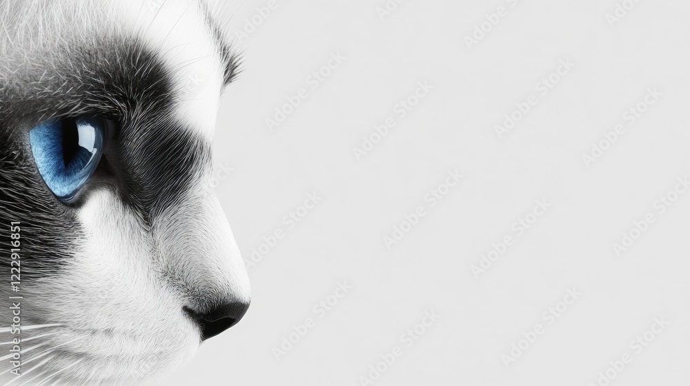 Poster Close up of a white and gray Siamese cat showcasing striking blue eyes with ample empty space for text placement and design elements