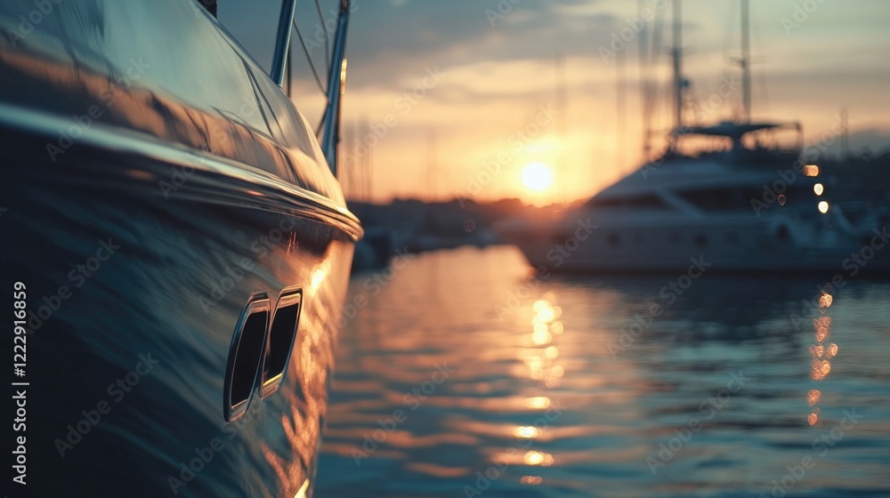 Aufkleber Close up of a yacht in a tranquil harbor at sunset with soft reflections and empty space for your creative text or branding needs
