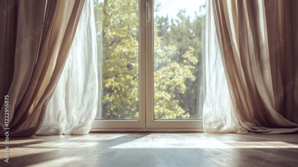 Fototapete cozy home interior featuring large window with soft curtains and natural light highlighting empty sp