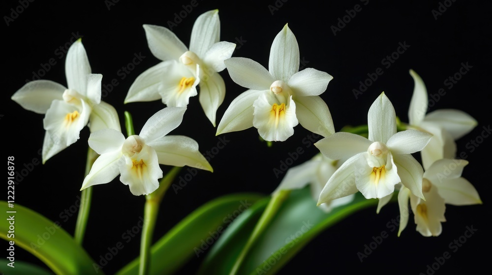 Poster sympodial orchids with delicate white flowers and lush green leaves on a dark background ideal for n
