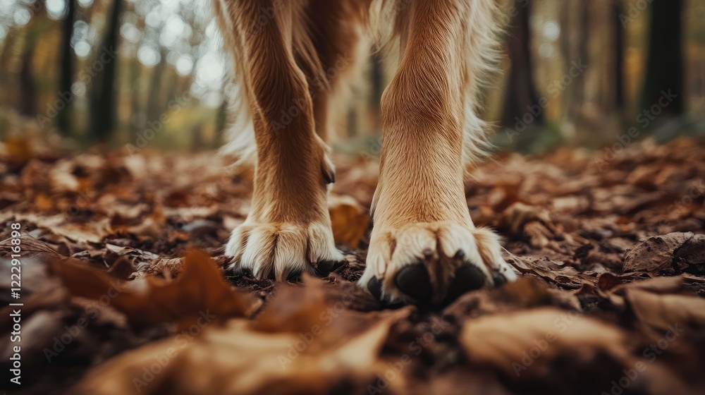 Poster Close up of a Golden Retriever paws on fallen leaves in a forest showcasing its fur texture with ample empty space for text or branding