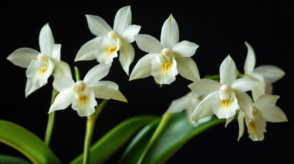 Sympodial orchids with delicate white flowers and lush green leaves on a dark background ideal for nature-themed designs and text space