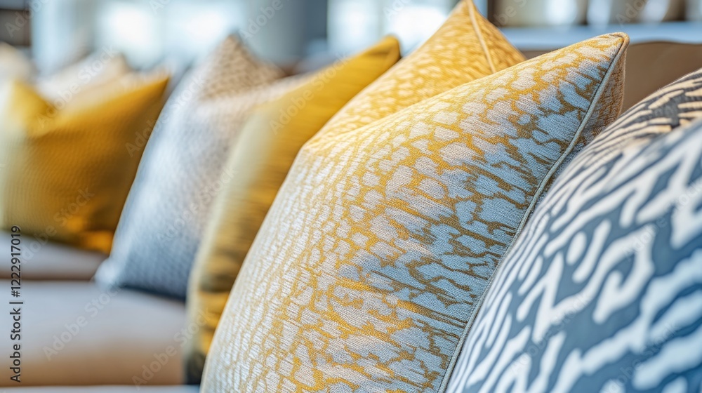 Aufkleber colorful decorative pillows arranged on upholstery fabric with soft focus background and ample copy 