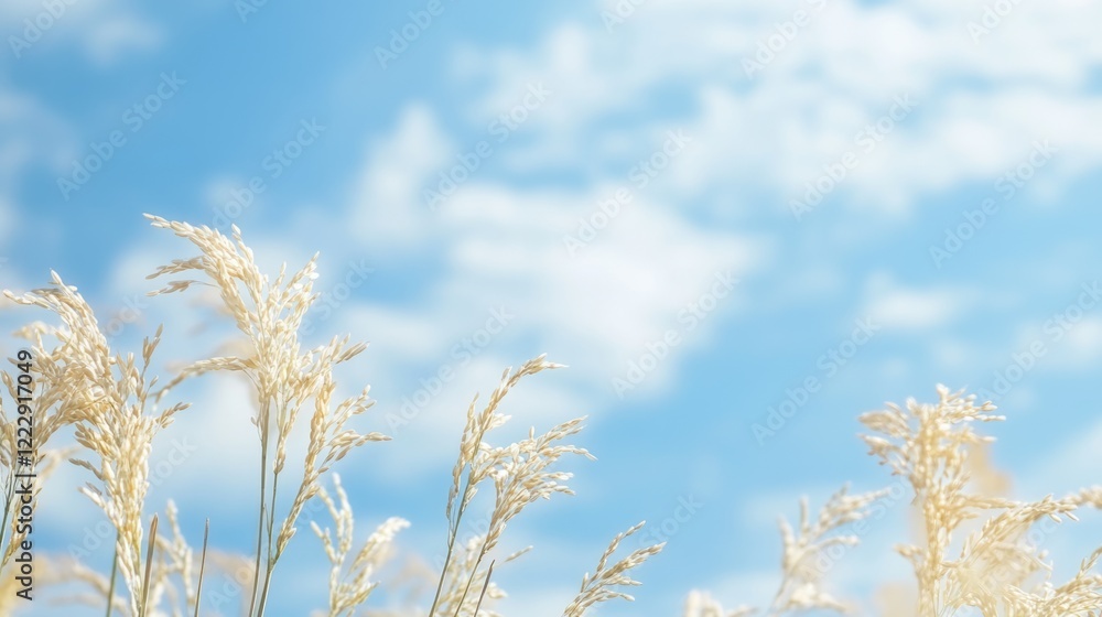 Aufkleber close up of golden rice ears swaying in the breeze under a clear blue sky with ample empty space for
