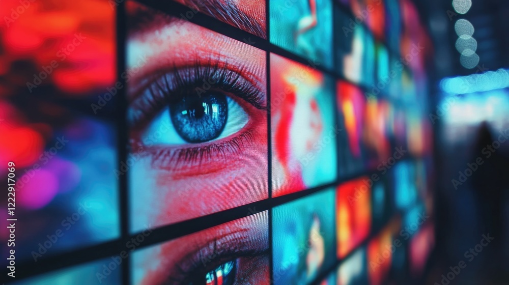 Poster close up of vibrant digital screen collage featuring eye imagery and colorful displays with space fo