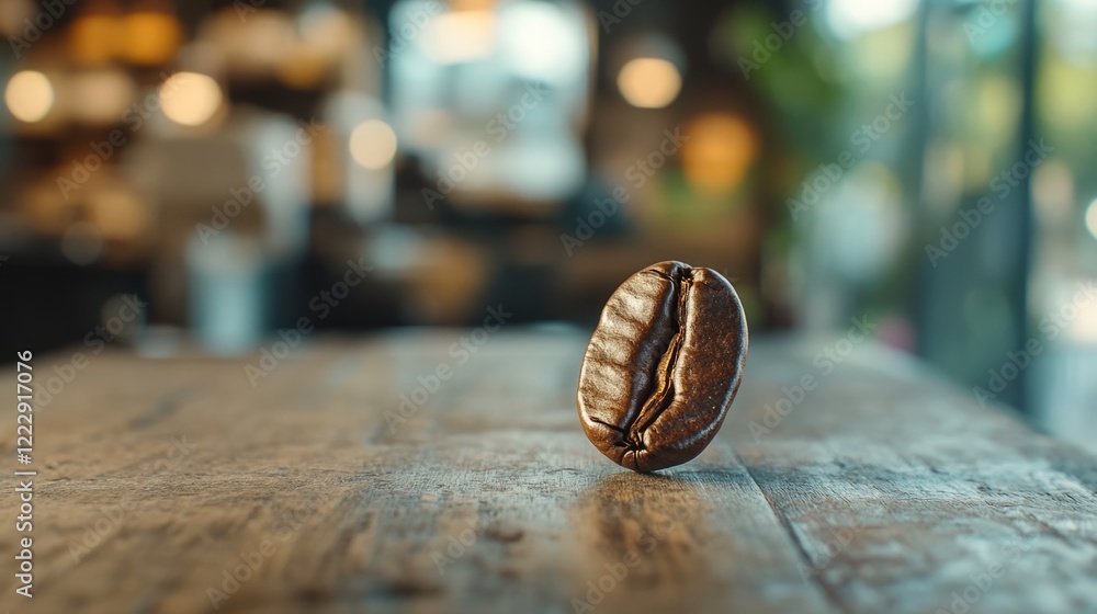 Poster Close up of a roasted coffee bean on a wooden table with a blurred coffee shop background and empty space for text or branding
