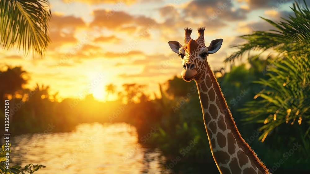 Poster Giraffe gazing serenely at sunset in a lush rainforest with tranquil waters and ample space for added text or messaging