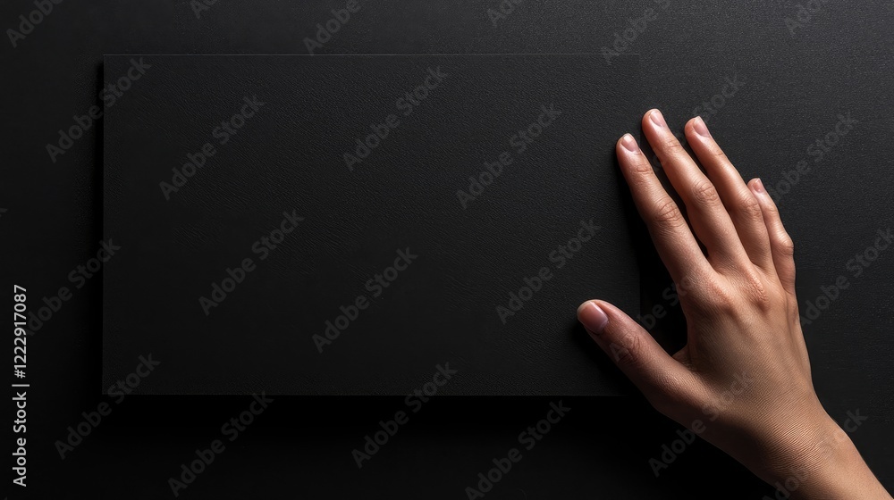 Poster Close up of a single hand resting on black cardstock background with empty space for text and creative design opportunities